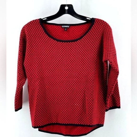 Express Women's Red Polka Dot 3/4 Sleeve Knit Boat Neck Sweater Size Medium - Picture 1 of 9